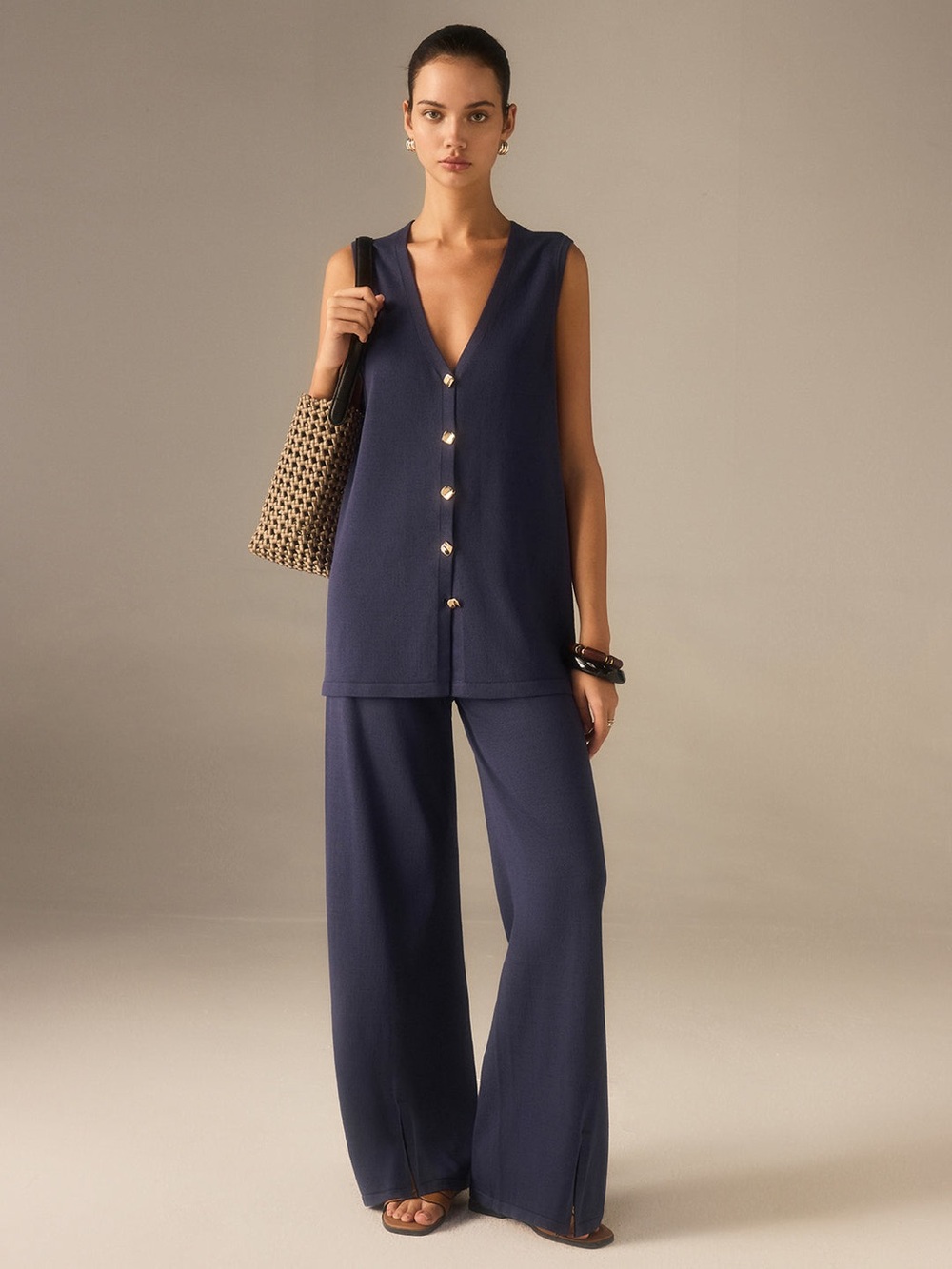 COMMENSE Golden Button Knit Vest Pants Set XL navy wide leg sleeveless high rise - Picture 2 of 16
